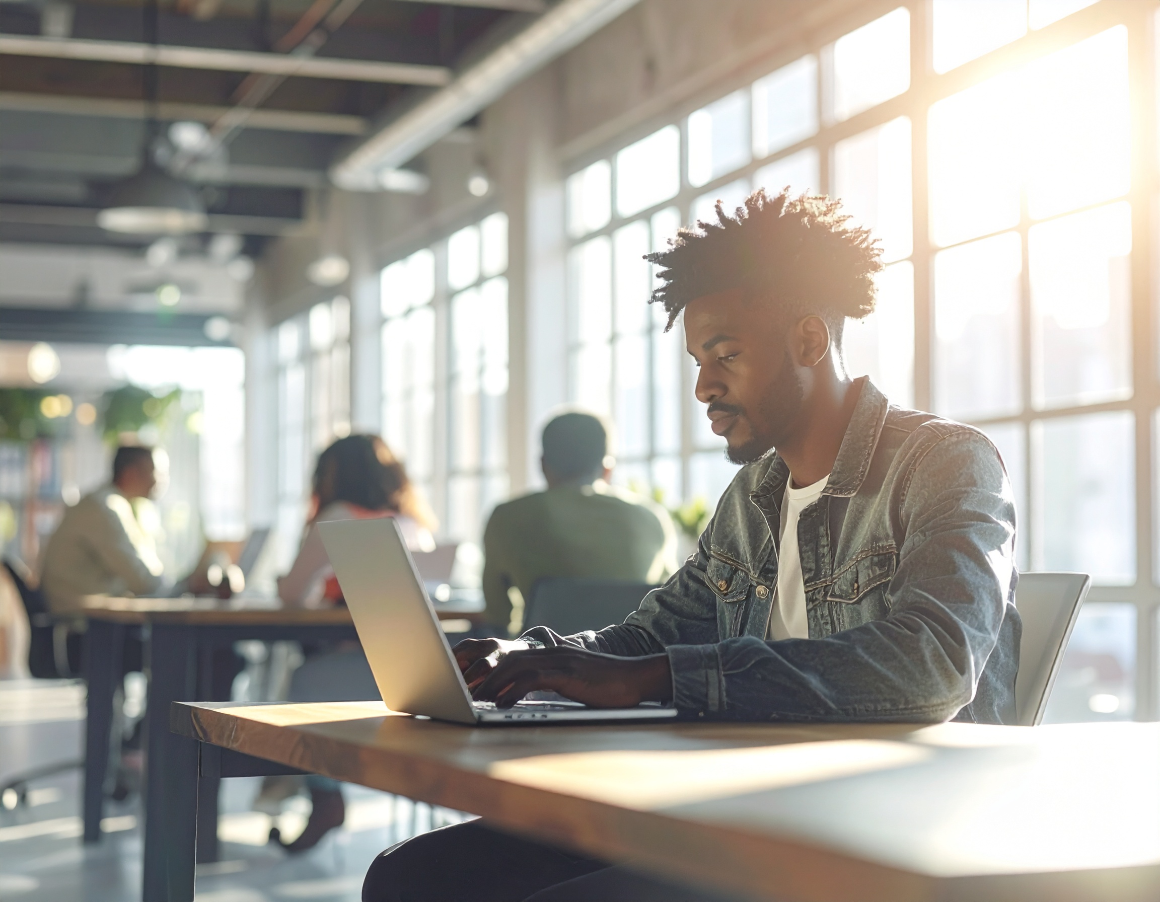 Homem em jaqueta jeans trabalha concentrado em laptop em ambiente de escritório moderno e iluminado, com janelas amplas e luz natural intensa. A atmosfera é de foco e produtividade, com pessoas ao fundo, criando um cenário colaborativo. A composição destaca o contraste entre a luz suave e as sombras, com profundidade de campo acentuada pelo ângulo lateral da câmera.